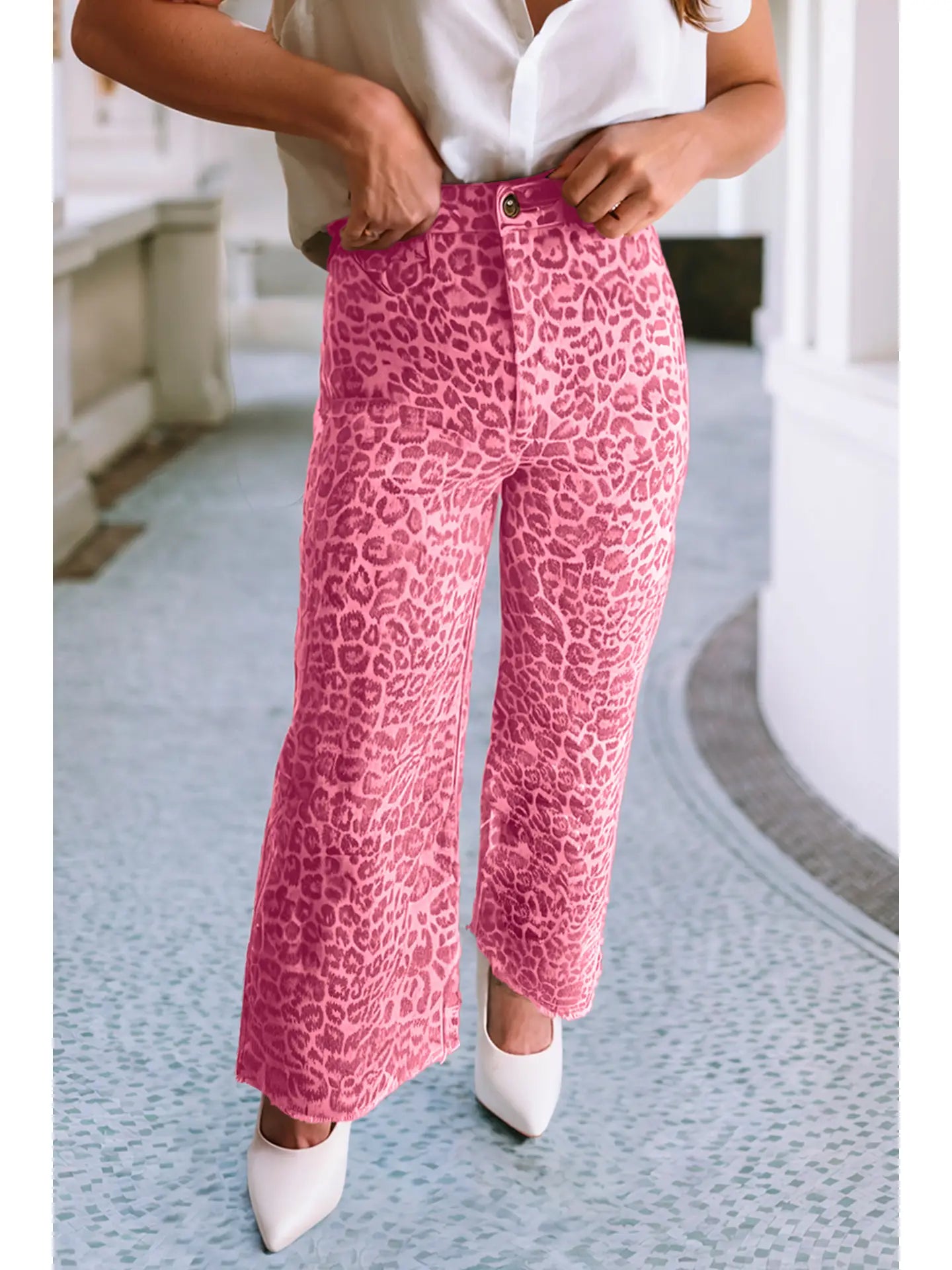 pink leopard denim jeans